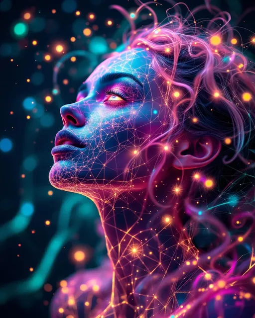 Prompt: Her face is a modular masterpiece—cheekbones traced with the shimmer of moonshine symmetry, every angle tuned to a hidden harmonic. Newton fractal veins glow faintly beneath translucent skin, shifting in color with each emotion. Her eyes burn with prime number fire, irises tiled in Penrose symmetry, blinking with curved light logic. Laughter echoes in Hilbert paths across her cheeks—space-filling joy spirals, soft and bright. Hair spills around her in radiant pink curls, styled by quasiperiodic forces and recursive wave equations—each strand flowing in luminous fractal tension. Geometry pulses at the hairline, recursive symbols glinting in neon mathdust. She is wrapped in hyperbolic aura-rings, layered in color-feedback like living topology, her presence refracting sacred math through joy, emotion, and colorfields.”

⸻

Visual Keywords:
Modular face symmetry, Newton glow skin, Penrose-tiled irises, Hilbert smile trails, pink recursive curls, fractal symbol halo, hyperbolic color aura, neon mathdust, prime fire eyes