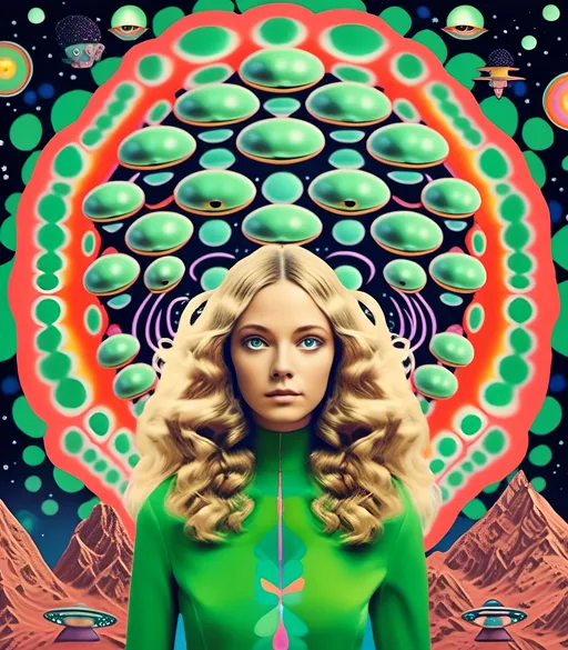 Prompt: A trippy vintage 70s psychedelic sci-fi analog cut and paste collage of a girl with long blond curly hair and UFOs, aliens, extraterrestrial little green men, alien grey, optical illusions/psychedelic patterns/alien A trippy vintage 70s psychedelic sci-fi analog cut and paste collage of a girl with long blond curly hair and UFOs, aliens, extraterrestrial little green men, alien grey, optical illusions/psychedelic patterns/alien <mymodel>psychedelic landscapes,space scenes, asteroids, ufo, greet, orange, hot pink, black, white