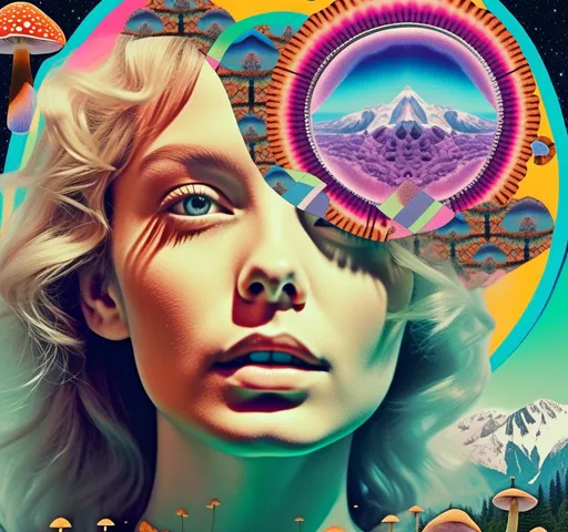 Prompt: a psychedelic collage reminiscent of 70s psychedelic sci fi collage artwork celebrating a girl on mushrooms. It is to feature a photograph of a woman with blond curly hair that is edited by splicing it with other images from photographs, magazines, newspapers, illustrations/paintings to create the impression she is high on magic mushrooms. The work will include such elements as a psychedelic 3rd eye open, stars and planets, trippy optical illusions and patterns, psilocybin cubensis mushrooms, fractals, UFOs, aliens, geometric shapes, auras, rainbow spectrums, sacred geometry, trippy drippy stuff, psychedelic hallucinations, open eyes, landscapes of astral worlds<mymodel>