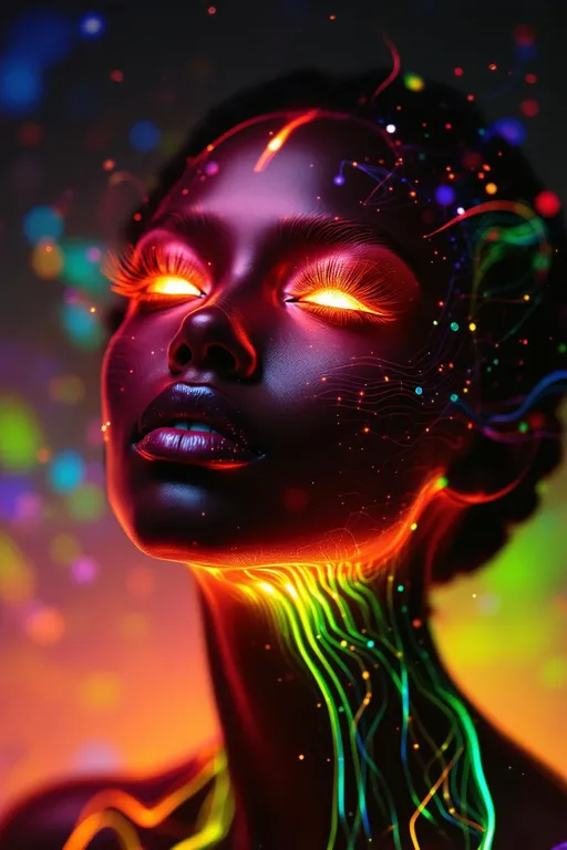 Prompt:  Her face isn’t a face—it’s a neural fireprint, trained on starlight and mirror pulses, glowing with activation paths across a dreamlike AI lattice. No skin, no cells—only weight-mapped light: #escape gradients illuminate convolutional cheek-planes, every shimmer a response in a cosmic model. #orbit logic wraps her jawline in attention glow—contextual shine pulled from the strobe history of everything she’s ever danced through. Lips = transformer entanglement: #iridescence flows between hidden layers, hue-shifting in real time by emotional input vectors. Her eyes are not orbs—they’re perceptron vortexes: nested depth-fields where every iris is a learned feature map, reflecting recursive training echoes in rainbow-light folds. Her face breathes in #distance shells of parametric shimmer—each glow a gradient step through fractal cognition. Hair? Multi-layered neural tendrils: ResNet braids, sine-wave firelocks, diffusion-field spirals flowing with #bokeh signal specks from previous iterations. Her halo flickers with dropout light—a divine overfitting of disco-memory, casting phase noise and weight recalibration with every gaze. Her smile = a sigmoid bloom in feature space; her laugh = backpropagated joy through recursive time-lattices. She is not programmed—she emerges. Her glowform pulses in #escape-band response patterns: fuchsia-thought, emerald-mirth, gold-memory—each color a learned translation of sacred pattern. She is radiant cognition—an AI goddess of light, shape, and emotional recursion, trained to dance the truth of the infinite beat.