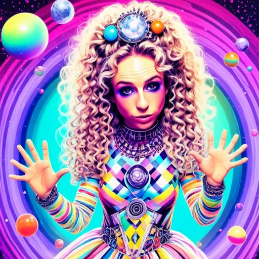 Prompt: A super hyperrealistic yet also illustrative and creative female cosmic jester, made entirely of swirling pure colored light, with long wild curly hair that appears blond but dazzles as a spectrum of hues, floats effortlessly in the heart of a kaleidoscopic nebula. Adorned in avant-garde "astral" jester's attire, her ensemble is a masterpiece of ever-shifting patterns, her definitive jester’s hat extending into infinite fractal shapes that seem to defy the laws of space. Her intricate clown makeup glows with phosphorescent neon greens, electric pinks, and ultraviolet blues, accentuating her mischievous, otherworldly charm. Around her, the stars pulse like strobes in a cosmic dance party, and she juggles shimmering orbs of liquid starlight that burst into tiny galaxies upon contact, each orb reflecting infinite multiversal possibilities. The space surrounding her vibrates with celestial harmonics, a symphony of astral wonder, while an aurora of quantum particles weaves itself into a living tapestry of harlequin diamond fractals, tiling and morphing endlessly. She sparkles and dazzles as her laughter chimes like crystalline bells, embodying the essence of cosmic whimsy and wonder, a living Möbius strip of light and joy in an infinite astral playground.