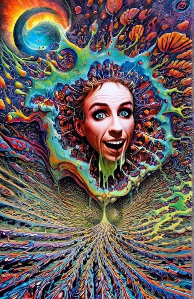 Prompt: Extreme psychedelic hyperrealism- Super high definition ultra textural Weird surreal depiction of ego death, melting into fractals, multidimensional geometric shapes, surrealism, detailed, highres, intense colors, eerie lighting, bizarre features, unsettling atmosphere, otherworldly, distorted proportions, mind-bending, dreamlike, abstract,, trippy psychedelic ultra detailed textures