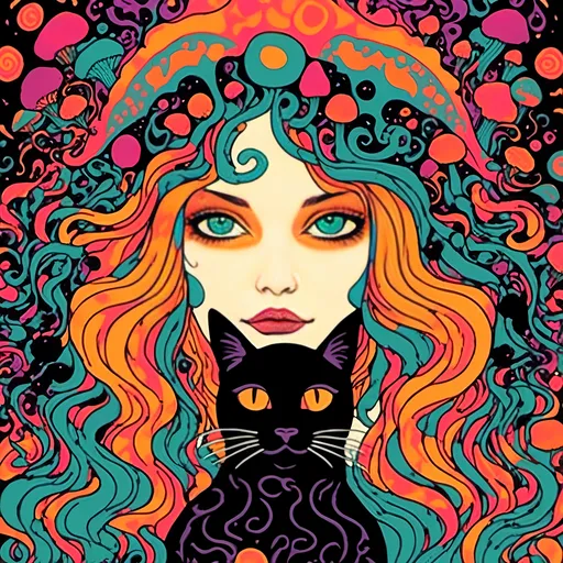 Prompt: <mymodel>Psychedelic poster illustration of a girl with long, curly blond hair, solid black cat, trippy mushrooms, vibrant colors, high-quality, poster art, surreal, detailed hair, psychedelic, detailed cat, colorful, vibrant, surreal, professional lighting