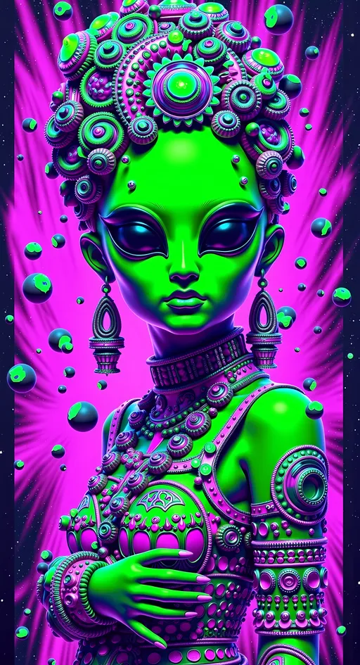 Prompt: **Cosmic Bitch - AI Art Prompt**

Create an artwork featuring the phrase "Cosmic Bitch" in a bold, sassy, girly futuristic tech font. The centerpiece is a stunning green-skinned alien female with a large somewhat conical shaped bald head & large solid black almond shaped eyes, exuding sass and confidence, dressed in avant-garde high fashion with a futuristic twist. Her ensemble is adorned with intricate accessories that scream alien chic.

Incorporate a vibrant UFO hovering in the scene, brimming with colorful lights that dance across the canvas. The background is a bustling outer space landscape, complete with an alien planet, swirling asteroids, and cosmic wonders. Alien glyphs are subtly woven into the design, adding an enigmatic touch.

The entire scene is a whirlwind of activity, filled with intricate details that draw the eye to every corner. From the tiniest star to the grandest asteroid, let no space go unadorned. The result is a masterpiece of cosmic chaos and extraterrestrial elegance.

Now, go forth and let your AI art creation shine in all its interstellar glory! 🌌👽✨