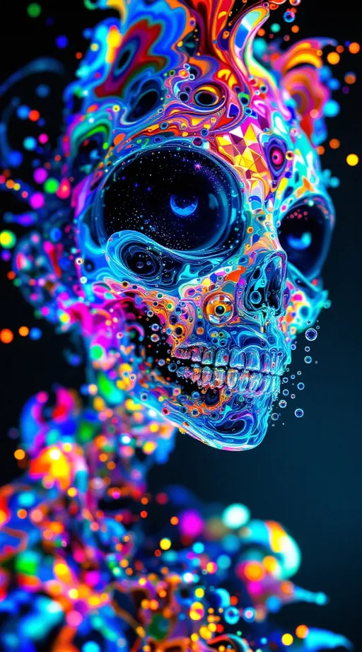 Prompt: A maximalist acidic-psychedelic construct shimmering with oil-slick prisms and soap-bubble diffraction, bathed in ultraviolet chromes and radioactive neons. Every surface refracts like dragonfly wings, rippling in impossible gradients. Anatomy is here—but bent, broken, recursive, refusing to stabilize.

A ribcage spirals into itself like a Möbius loop, ribs fractalizing into Fibonacci spirals that braid into lattices of bone and light. The sternum splits into Penrose tiles, folding paradoxically inward and outward, both convex and concave at once. Veins thread into Mandelbrot trees, each capillary splitting infinitely into smaller and smaller vascular infinities, glowing cobalt and magenta like electric rivers.

Skin is no longer skin but a Klein-bottle membrane stretched over contradiction, painted with iridescent fractal optics. Pores open into infinite mouths, each lip blooming into smaller lips, each tongue sprouting eyes that look back at themselves. Cheekbones inscribe Gödel glyphs that loop into unsolvable proofs. Foreheads split into Escher staircases of flesh, each step tiled with eyes that blink open and shut asynchronously.

The chest houses paradox: a heart that beats and does not beat, pulsing with ζ(s) waves, Euler chrome inscriptions across its surface. Lungs fracture into Sierpinski triangles, inhaling and exhaling infinite recursion. Organs shimmer as transparent glass, filled with kaleidoscopic prisms refracting rainbows into themselves.

Hair is a storm of fractal tendrils, Möbius curls and Fibonacci coils, weaving into galaxies of nested faces and eyes. Each curl contains another curl, each strand an ouroboros of lips