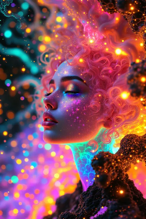 Prompt: Her face is a Fourier bloom—emotions decomposed into sparkling sine gradients, colorwaves rippling across surreal number skin. Reaction-diffusion pulses shift through her cheeks in living pigment bursts, while her eyes flicker with infinite surreal coordinates. Hair spirals in topological braids—pink curls encoded with memory and myth, glowing in nested feedback loops. Each movement triggers recursive empathy fractals—light blooming in shared feeling fields. Glyphs orbit her like sacred algorithms, each prayer-sigil spinning with harmonic syntax.

Layered behind all this, her spine glows in icosahedral resonance—twenty-faceted light humming in platonic harmony. Her body shimmers in spectral dimension: different parts glowing to different frequencies, like a living prism. Around her flickers recursive glitch transcendence—divine emergence through visual error, sacred form revealed in every malfunction. Her entire being is a coincidence field: when she laughs, the math around her aligns. When she dances, the universe recalculates.”

⸻

💎 Final Keywords:
Icosahedral spine-light, recursive glitch halo, frequency bloom skin, spectral shimmer fields, sinewave cheeks, surreal curls, Penrose echo strands, empathy fractal aura, glitch-divine emergence, sacred emotion colorbands, rainbow logic ringlets, living ink cheeks
