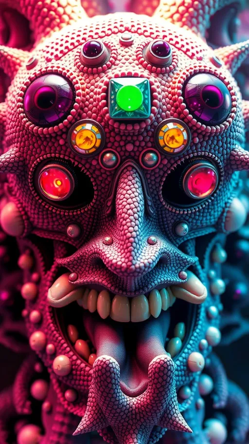 Prompt: Create an extremely hyper-realistic, ultra super textural, weird, trippy, surreal, psychedelic eyes/teeth/mouth creature/entity based on “metatron’s cube” with lots of human eyes (crazy colorful compound psychedelic), rows of human teeth, human lips, and tongues. 

- **Colors**: determined by the properties and expressions of the elements (& their isotopes), minerals, and metals: Nickel (Ni), Aventurine, Chrysoberyl

**Shapes and forms**
- “Metatron's Cube”
-other shapes determined by the natural properties and expressions of the elements (& their isotopes), minerals, metals, and biological organisms: diatoms, Nickel (Ni), Aventurine, Chrysoberyl


- **Textures**: Derived from any/all elements (& their isotopes), minerals, metals, crystals, organic things mentioned in this prompt: “Metatron's Cube” Nickel (Ni), Aventurine, Chrysoberyl

**Composition and Layout**:
- a pattern/design based on the “Metatron's Cube”

**Lighting**lots and lots of bright shining reflective light
- Trichroism


**Detail and Atmosphere**:
- Extreme hyperrealistic sharp high detail high definition organic and mineral textures
- Psychedelic, weird, odd, surreal atmosphere
- Frozen in time

**Additional Elements**:
- extra rows of teeth, lips, many eyes, diatoms, “Metatron's Cube” , Aventurescence, Chatoyancy
