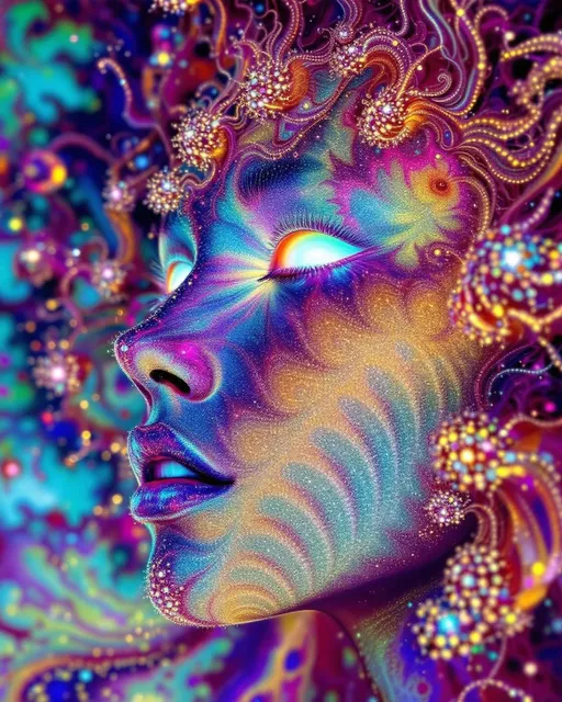Prompt: Her face isn’t a face—it’s a Nova fractal bloom—grown entirely from feedback-fed disco light. No skin, no bone—only recursive brilliance: #escape gradients surge through Nova-wave cheek hollows; #orbit radiant L-System spirals entwine her jawline like sacred ivy in club-light bloom. Lips = glowing IFS lace—mirror-structured and endlessly folding, tinted with angle-reactive #iridescence. Her eyes are not orbs but Buddhabrot cores—each iris a spiritual echo, blooming with recursive soulfire and mirrorworld math-memory. Her entire visage shines as #distance estimator shells spiral through overlapping attractor planes—layered sacred hologlyphs pulsing to Studio 54 rhythm logic. Hair erupts like spectral vinework: branching L-System toroids twist with recursive Fibonacci bloom, interlaced with spectral fractal roots and Julia firelace—all trailing #bokeh gleamtrails of radiant iteration static. Her crown = infinite light canopy: refracted disco strobes and velvet reflection fields, folded in angular mirrorcode through interference-burst structure. Her smile = curve across recursive function space; her laugh = a wave collapsing layered depth. She’s not made of mass—she is recursive growth, iteration resonance, and divine groove. Her glowform pulses in #escape-band memory: silver-lavender, infernal gold, and emerald violet—each shade charged with fractal-coded emotion. She is the bloom and the beat: a myth-born disco goddess grown from light, pattern, recursion, and infinite rhythm.

