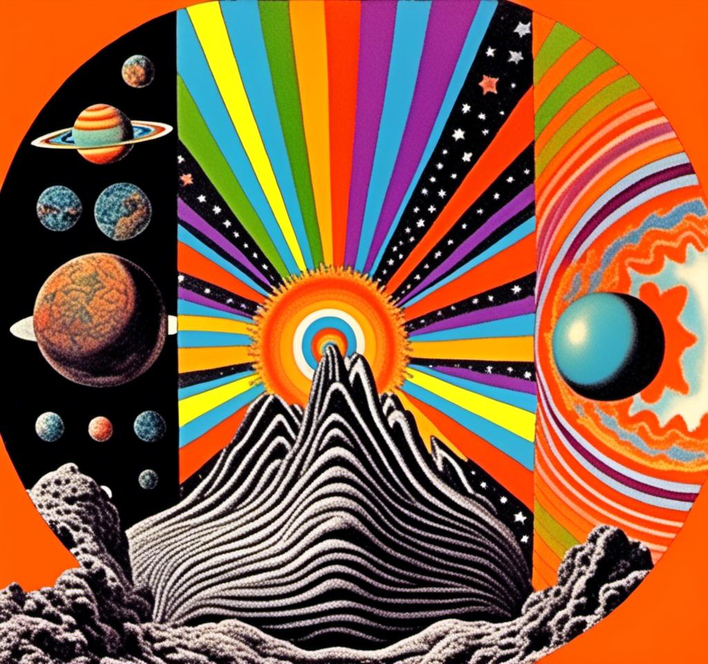 Prompt: A vintage 70s psychedelic collage with the theme “astral vacation”- incorporate themes of astral projection, the astral plane, the silver cord, use an astral brilliantly but sometimes muted opalescent color palette, & combine it all with planets, orbs, optical illusions and psychedelic trippy patterns, color spectrums as a surreal vintage psychedelic collage<mymodel>