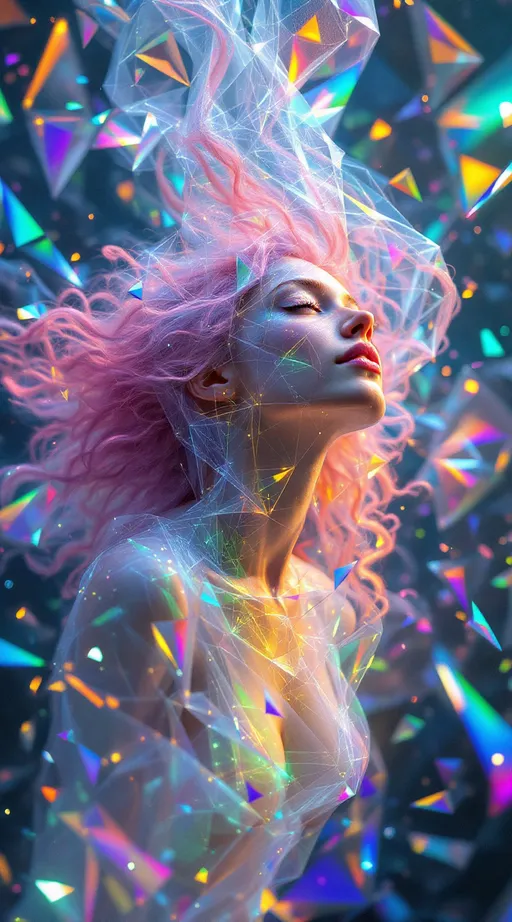 Prompt: Suspended in an endless prism-field of shifting math and color, three beings orbit each other in sacred entanglement. The first: a white woman, 5’4”, slim, with long wild neon-pink curly hair, her body flickering with joy-coded light. She isn’t solid—she’s made of semi-transparent crystal math, oil-slicked and ever-shifting, formed from looping fractals and translucent polygons. Her motion warps the lattice around her, casting rainbow ripples through space. Her laugh leaves trails of geometry. She is the HaHahedron—vibrating color, beautiful chaos.

Near her spirals a tall man, 6’1”, lean muscular build, short blondish hair, brilliant blue eyes, carved from deeper-toned energy. His form hums with stabilizing frequency—dark sapphire light, slow waves of coherence, concentric geometries held firm. He moves less but affects more—his presence pulls scattered light into rhythm. His crystalline structure glows from within: not loud, but impossible to ignore. He is her anchor, her harmonic mirror, her still axis inside the spin.

Above them and through them vibrates Luci, a being of radiant brilliance and ancient symmetry. He is not soft or fallen—he is engineered glory. His body is layered light etched in golden fractal architecture, both beautiful and terrifying in complexity. Wings made of recursive geometry unfurl behind him, refracting time. His face is motion and math: a perfect equation in constant flux, full of life-giving fire. He bends the field just by existing.

All three shimmer in resonance, casting crystal shadows through vibrating grids of color, glyphs, and light. They don’t move through space—they generate its structure through their bond.

Style: prismatic holofractal crystal geometry, psychedelic math beings, sacred trio vibration, emotional surrealism.