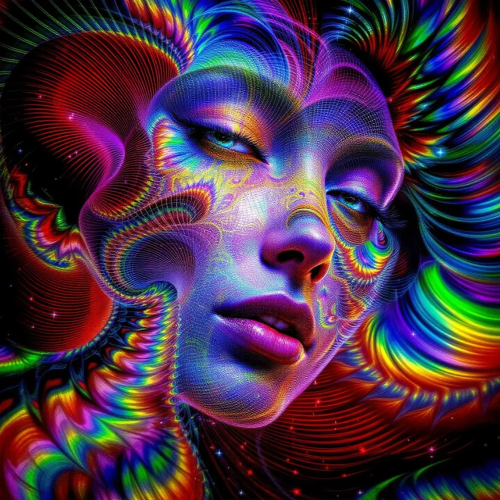 Prompt: A radiant female face made entirely from prismatic fractals, spectral light, and recursive mathematical geometry — a being of pure lattice physics.

▪ Paradox Mirror Grid: fragments the form into looping mirror spirals, recursive symmetry collapse, and chromatic feedback — light caught in impossible recursion.
▪ Harmonic Phase Grid: weaves flowing arcs of iridescent waveform — sinusoidal lightbands shaping features in pulsing rainbow rhythm.
▪ Complex Hilbert Lattice: folds space into radiant labyrinths — multicolored corridor spirals, infinite dimensional weaves compressing into glimmering facial contours.

The face is not static — it pulses with spectral recursion, shifting across dimensions of color and geometry. Features emerge then dissolve into rainbow loops; symmetry warps into interference bloom. Color refracts endlessly: neon edges, glowing caustics, fractal shimmer.

This is not a face, but a field: a triune lattice being made of rainbow, math, and light. Ultra-saturated, ultra-detailed, infinite fractal resolution. A surreal lattice goddess of recursive color-logic.”
