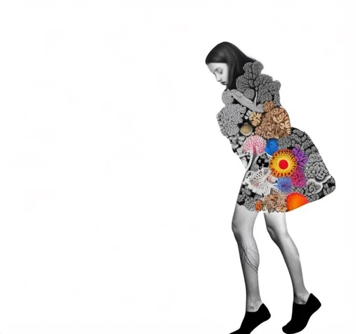 Prompt: A mixed media collage of a black and white photograph of a young woman growing all kinds of colorful multimedia psychedelic mushrooms and fungus out of her body (incorporate things like- but are not limited to - vibrant paints, enamels, glitters, metallic foils, newspaper and magazine cut paper, paint spatter, etc)<mymodel>