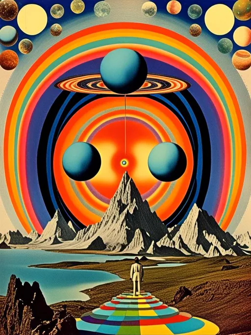 Prompt: A vintage 70s psychedelic collage with the theme “astral vacation”- incorporate themes of astral projection, the astral plane, the silver cord, use an astral brilliantly but sometimes muted opalescent color palette, & combine it all with planets, orbs, optical illusions and psychedelic trippy patterns, color spectrums as a surreal vintage psychedelic collage<mymodel>