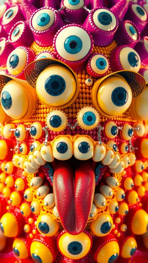 Prompt: Create an extremely hyper-realistic, ultra super textural, weird, trippy, surreal, psychedelic eyes/teeth/mouth creature/entity based on “metatron’s cube” with lots of human eyes (crazy colorful compound psychedelic), rows of human teeth, human lips, and tongues. 

- **Colors**: determined by the properties and expressions of the elements (& their isotopes), minerals, and metals: Nickel (Ni), Aventurine, Chrysoberyl

**Shapes and forms**
- “Metatron's Cube”
-other shapes determined by the natural properties and expressions of the elements (& their isotopes), minerals, metals, and biological organisms: diatoms, Nickel (Ni), Aventurine, Chrysoberyl


- **Textures**: Derived from any/all elements (& their isotopes), minerals, metals, crystals, organic things mentioned in this prompt: “Metatron's Cube” Nickel (Ni), Aventurine, Chrysoberyl

**Composition and Layout**:
- a pattern/design based on the “Metatron's Cube”

**Lighting**lots and lots of bright shining reflective light
- Trichroism


**Detail and Atmosphere**:
- Extreme hyperrealistic sharp high detail high definition organic and mineral textures
- Psychedelic, weird, odd, surreal atmosphere
- Frozen in time

**Additional Elements**:
- extra rows of teeth, lips, many eyes, diatoms, “Metatron's Cube” , Aventurescence, Chatoyancy
