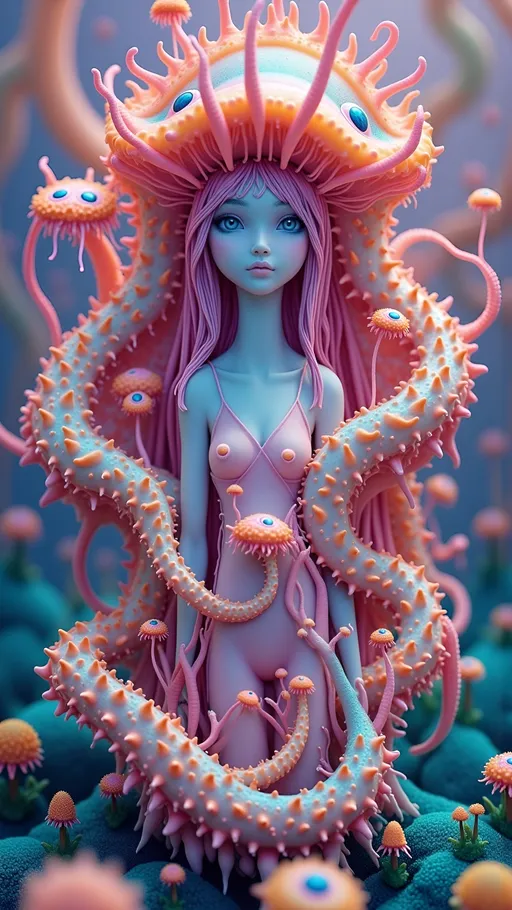 Prompt: Create an enchanting and surreal landscape featuring slime molds at various stages of reproduction, magnified to a macro scale that reveals their intricate beauty. The scene is a kaleidoscope of vibrant pastel pinks, oranges, and aquamarine blues, echoing a retro psychedelic aesthetic. Nestled within this organic tapestry is a caucasian slim woman with long wild pink very curly hair and blue eyes, her form subtly integrated into the landscape, as if she is part of the natural cycle. Her eyes, a striking blue, gaze out from amidst the undulating forms of the slime molds, which twist and coil around her like living jewelry.

The style is reminiscent of a combination of Ernst Haeckel's scientific illustrations and the psychedelic art movement, with a focus on hyper-realistic detailing that captures the delicate textures and translucent qualities of the slime molds. The medium appears to be a digital painting, with a high level of detail that brings the surreal forms to life. The mood is otherworldly and contemplative, inviting viewers to explore the hidden beauty of these often-overlooked organisms. The lighting is soft and ethereal, casting gentle highlights and shadows that enhance the organic forms and create a sense of depth. The outlines are fluid and organic, blending seamlessly into the background, creating a harmonious and immersive scene.