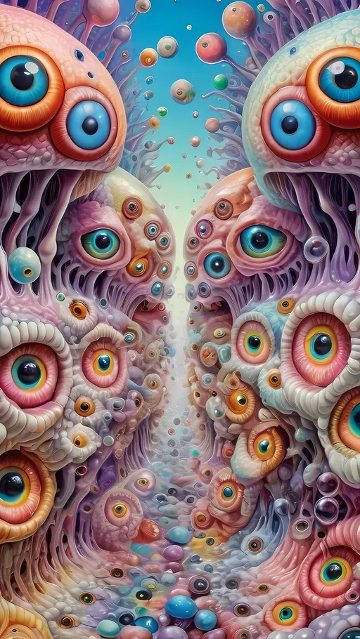 Prompt: an extremely hyper realistic ultra super textural weird trippy surreal psychedelic entity, Epicycloids, white, translucent, clear, bright bright pastel colors, oil slick rainbow sheen effect, lots and lots of light, lots of crazy colorful compound psychedelic human eyes, rows of human teeth, fungus, atoms, diatoms, Epicycloids