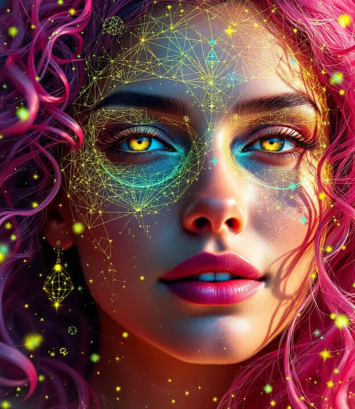 Prompt: Her face is a modular masterpiece—cheekbones traced with the shimmer of moonshine symmetry, every angle tuned to a hidden harmonic. Newton fractal veins glow faintly beneath translucent skin, shifting in color with each emotion. Her eyes burn with prime number fire, irises tiled in Penrose symmetry, blinking with curved light logic. Laughter echoes in Hilbert paths across her cheeks—space-filling joy spirals, soft and bright. Hair spills around her in radiant pink curls, styled by quasiperiodic forces and recursive wave equations—each strand flowing in luminous fractal tension. Geometry pulses at the hairline, recursive symbols glinting in neon mathdust. She is wrapped in hyperbolic aura-rings, layered in color-feedback like living topology, her presence refracting sacred math through joy, emotion, and colorfields.”

⸻

Visual Keywords:
Modular face symmetry, Newton glow skin, Penrose-tiled irises, Hilbert smile trails, pink recursive curls, fractal symbol halo, hyperbolic color aura, neon mathdust, prime fire eyes