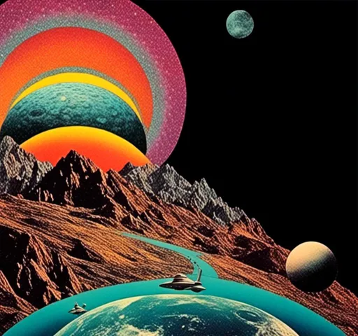 Prompt: <mymodel>Psychedelic trippy collage with a surreal vintage 70s sci-fi feel, vibrant colors, retro futuristic elements, surreal landscapes, detailed psychedelic patterns, high quality, vintage sci-fi, vibrant colors, surreal, detailed patterns, trippy, collage, 70s, retro futuristic, surreal landscapes, detailed, atmospheric lighting