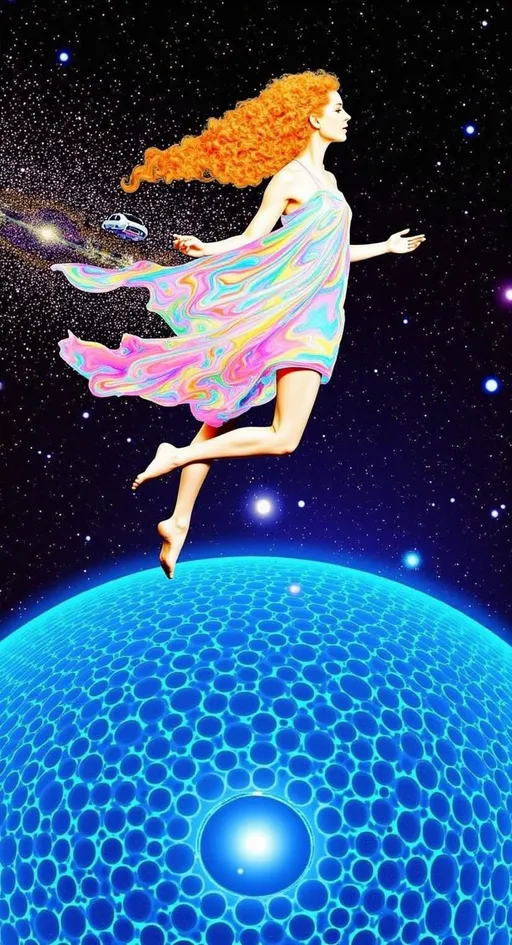 Prompt: Create an intricate, hyperrealistic yet artistic illustration capturing an astral projection journey through outer space. The scene unfolds with a young woman with long curly blond hair, depicted not in her third-dimensional human form but as a radiant, opalescent light body. This ethereal form is a mesmerizing blend of white and morphing iridescent colors, resembling a colorful, sparkling ghost. As she zooms through space, trails of vibrant light and color cascade off her like sparks, adding dynamic movement to the composition.

Below her stretches an infinite geometric plane, known as the "astral plane." This vast surface is adorned with a brilliant blue hexagonal pattern, reminiscent of interconnected city lights viewed from space. The hexagonal grid glows with bright, brilliant hues of blue, forming lines and points of light that stretch endlessly in all directions, creating a mesmerizing tapestry of luminescence.

The artwork should be a psychedelic masterpiece, bustling with detail and complexity. Incorporate super fine, intricate details to enhance the hyperrealistic yet illustrative style, capturing the awe-inspiring beauty and otherworldly essence of the astral projection experience. The overall design should be vibrant, busy, and deeply immersive, inviting viewers to lose themselves in this cosmic journey.

---

I hope this captures the essence of your experience and translates it into a visual feast! Let me know if there's anything else you'd like to tweak or add.