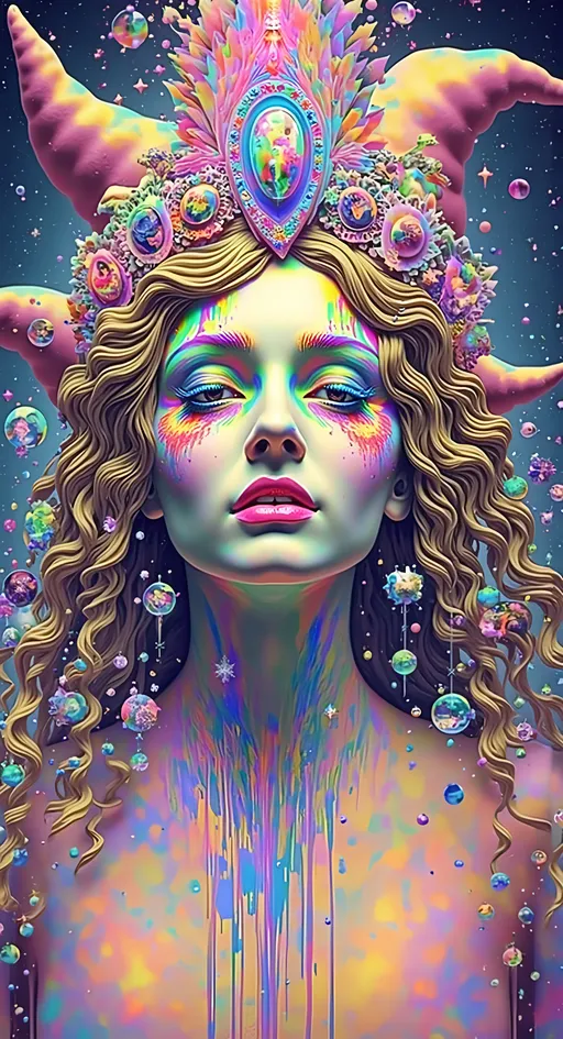 Prompt: Create a super hyperrealistic, finely detailed psychedelic Nouveau illustration of a Cosmic Jester, now joyfully dancing around a swirling galaxy at the center. The word "MERRYPRANXTER" should be cleverly woven into the background, like a playful secret hidden in a tapestry of stars. This enchanting character is the ultimate merry prankster of the cosmos, an astral jokester twirling through time and space with gleeful abandon. She radiates jester energy, adorned in feminine holographic jester attire and makeup with a delightful harlequin twist. Not quite human, but humanoid, she is sculpted from vibrant colored light, embodying an otherworldly extraterrestrial essence.

Her presence is a beacon of joy, as she giggles and spins through the cosmic astral realms, elevating vibes wherever she roams. Her beauty is ethereal, with long, curly hair that shimmers like a cascade of colored light, appearing blonde yet transcending earthly hues. Her eyes twinkle with mischievous wisdom, and her attire is a dazzling array of intricate patterns and swirling colors, reminiscent of both jester garb and celestial phenomena.

Incorporate the text "the merrypranxter" above her in smaller, elegant lettering, seamlessly blending into the cosmic background. This text should capture the essence of her playful spirit, as if it were a whisper from the universe itself. The illustration should radiate her vibrant energy, portraying her as a timeless wanderer spreading joy and wonder throughout the cosmos, with a dash of jester magic, as she dances whimsically around the galaxy.