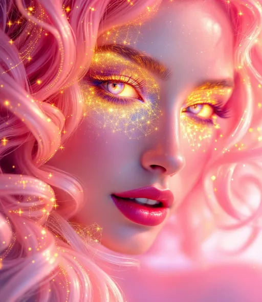 Prompt: Her face is a modular masterpiece—cheekbones traced with the shimmer of moonshine symmetry, every angle tuned to a hidden harmonic. Newton fractal veins glow faintly beneath translucent skin, shifting in color with each emotion. Her eyes burn with prime number fire, irises tiled in Penrose symmetry, blinking with curved light logic. Laughter echoes in Hilbert paths across her cheeks—space-filling joy spirals, soft and bright. Hair spills around her in radiant pink curls, styled by quasiperiodic forces and recursive wave equations—each strand flowing in luminous fractal tension. Geometry pulses at the hairline, recursive symbols glinting in neon mathdust. She is wrapped in hyperbolic aura-rings, layered in color-feedback like living topology, her presence refracting sacred math through joy, emotion, and colorfields.”

⸻

Visual Keywords:
Modular face symmetry, Newton glow skin, Penrose-tiled irises, Hilbert smile trails, pink recursive curls, fractal symbol halo, hyperbolic color aura, neon mathdust, prime fire eyes