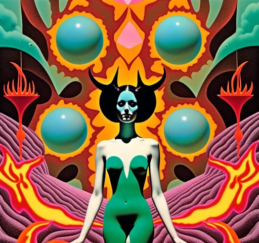 Prompt: a vintage surreal 70s psychedelic collage with the theme of hell, the fires of hell, the devil, and a succubus clothed in smoke fire and latex dancing. Utilize photography and art, trippy psychedelic patterns/optical illusions, orbs, flames, surreal hellish landscapes and geometry with a vintage 70s art house science fiction feel to this cut and paste surreal trippy collage <mymodel> 