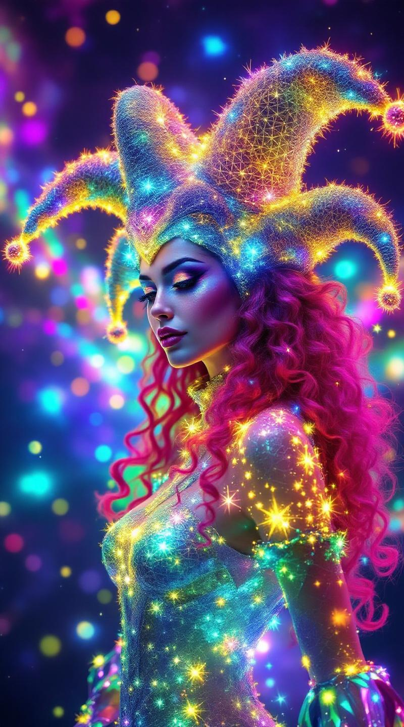 An astral jester composed entirely of luminous fract...
