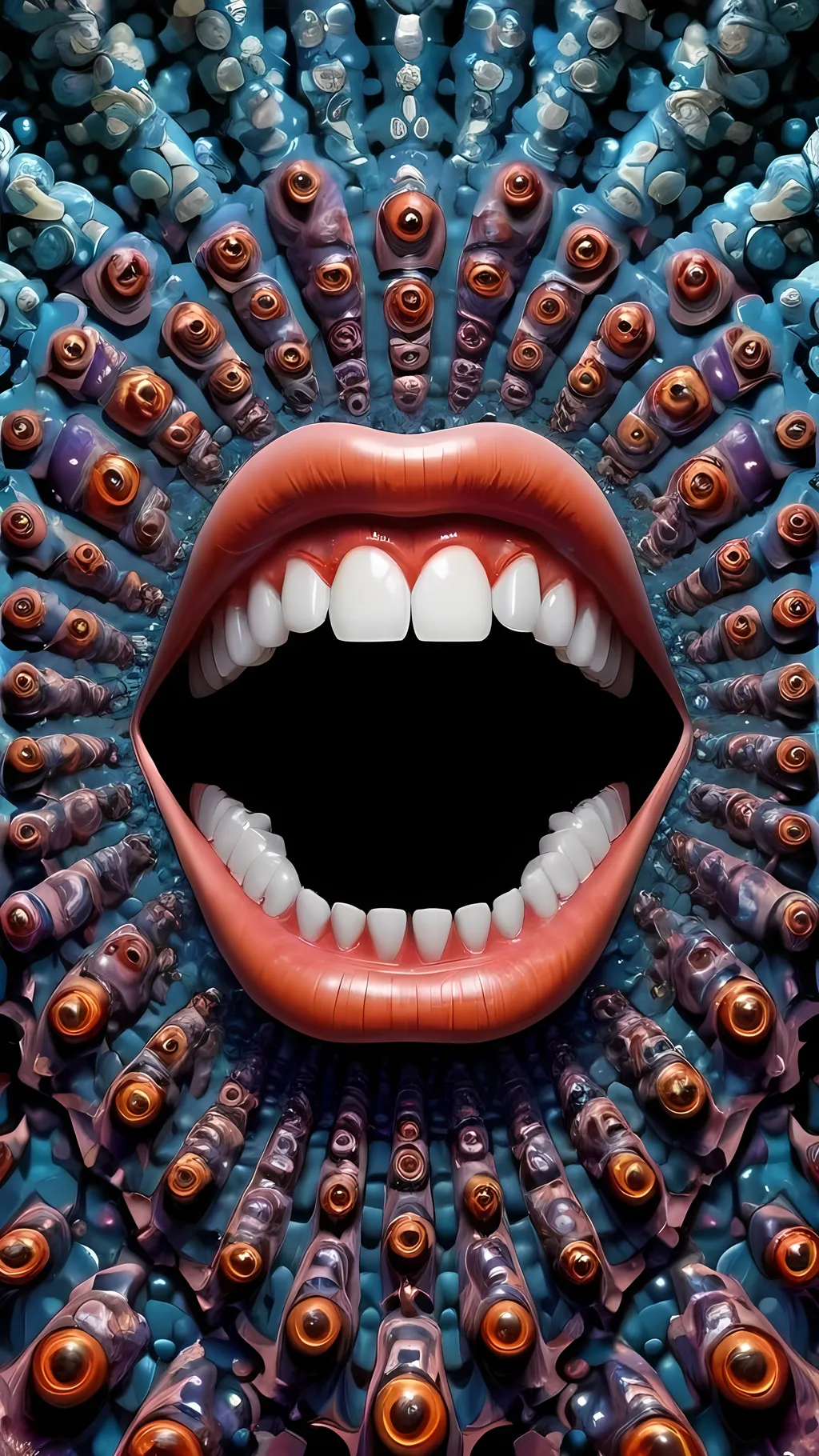 Prompt: Create an extremely hyper-realistic, ultra super textural, weird, trippy, surreal, psychedelic eyes/teeth/mouth pattern/design based on Mandelbrot & “Op Art tiling” with lots of human eyes (crazy colorful compound psychedelic), rows of human teeth, human lips, and tongues. 

- **Colors**: determined by the properties and expressions of the elements (& their isotopes), minerals, and metals: Tourmaline, Rhenium (Re)

**Shapes and forms**
- Mandelbrot 
- "Op Art tiling" 
-other shapes determined by the natural properties and expressions of the elements (& their isotopes), minerals, metals, and biological organisms: tourmaline,  Rhenium (Re),


- **Textures**: Derived from any/all elements (& their isotopes), minerals, metals, crystals, organic things mentioned in this prompt: tourmaline, Rhenium (Re)

**Composition and Layout**:
- a pattern/design based on the Op Art tiling & Mandelbrot 

**Lighting**:
- lots of bright light
- Phosphorescence

**Detail and Atmosphere**:
- Extreme hyperrealistic sharp high detail high definition organic and mineral textures
- Psychedelic, weird, odd, surreal atmosphere
- Frozen in time

**Additional Elements**:
- extra rows of teeth, lips, many eyes, Op Art tiling, Mandelbrot 
