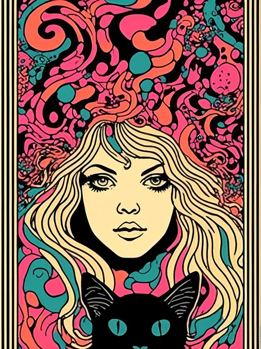 Prompt: <mymodel>Psychedelic poster illustration of a girl with long, curly blond hair, solid black cat, trippy mushrooms, vibrant colors, high-quality, poster art, surreal, detailed hair, psychedelic, detailed cat, colorful, vibrant, surreal, professional lighting