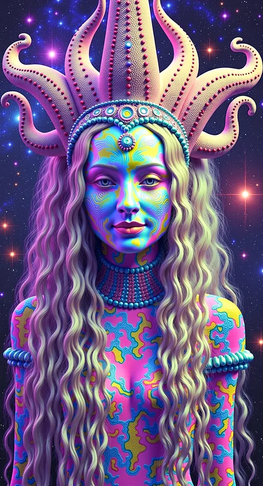 Prompt: Create a super hyperrealistic, finely detailed psychedelic Nouveau illustration of a Cosmic Jester. Feature the word MERRYPRANXTERworked organically into the background somehow.  This enchanting character is a merry prankster of the cosmos, an astral jokester dancing through time and space. She exudes a jester vibe, wearing feminine holographic jester attire & makeup with a feminine, harlequin twist. Not human, but humanoid, she is crafted from vibrant colored light, embodying an extra-dimensional extraterrestrial essence. Her presence is a beacon of joy, as she laughs and twirls through the cosmic astral realms, elevating vibes wherever she roams. 

Her beauty is otherworldly, with long, curly hair that shimmers like a cascade of colored light, appearing blonde yet transcending earthly hues. Her eyes sparkle with mischievous wisdom, and her attire is a dazzling array of intricate patterns and swirling colors, reminiscent of both jester garb and celestial phenomena.

Incorporate the text "the merrypranxter" above her in smaller, elegant lettering, seamlessly blending into the cosmic background. This text should capture the essence of her playful spirit, as if it were a whisper from the universe itself. The illustration should radiate her vibrant energy, portraying her as a timeless wanderer spreading joy and wonder throughout the cosmos.