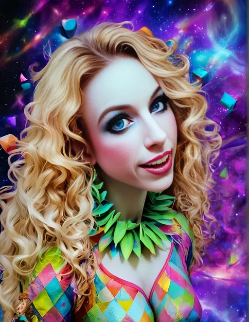 Prompt: Psychedelic hyperrealism of a female cosmic jester, long blond curly hair, vibrant psychedelic jester hat and attire and makeup, hallucinations, psilocybin, merry prankster of multidimensional geometry, tesseracts, hypercubes, trippy, highres, hyperrealism, cosmic, vibrant colors, hallucinatory, detailed makeup and attire, multidimensional, psychedelic