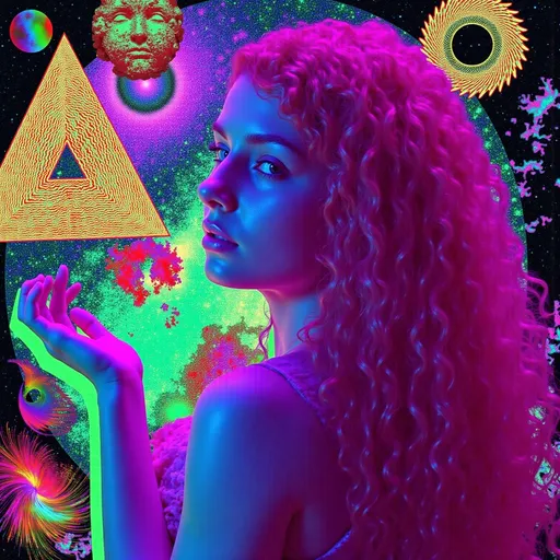 Prompt: In a vibrant cosmic scene, Merry—a caucasian slim woman with long wild pink very curly hair and blue eyes—stands amidst a dazzling array of triangles and mathematical wonders. Her hair flows like a nebula, merging with a spectrum of geometric forms in amethyst and citrine hues.

Sierpinski's triangle takes center stage, its intricate fractal pattern of indigo and orange triangles creating a mesmerizing tapestry around Merry. Above, Penrose tiling unfolds in turquoise and magenta, its non-repeating design symbolizing infinite mathematical possibilities. A Möbius strip spirals around Merry, its surface a seamless loop of iridescent light.

The color palette is a vivid explosion of neon greens, radiant yellows, and rich magentas, evoking a psychedelic dreamscape. The mood is one of infinite curiosity, as Merry embodies the harmony between chaos and order in this mathematical universe.

Rendered with meticulous detail, the scene blends crisp outlines with seamless colors, inviting viewers to explore this surreal wonderland.

Style: Psychedelic geometric art with surreal elements, inspired by fractal geometry and Penrose tiling. Medium: Digital collage.

Character count: 1,052