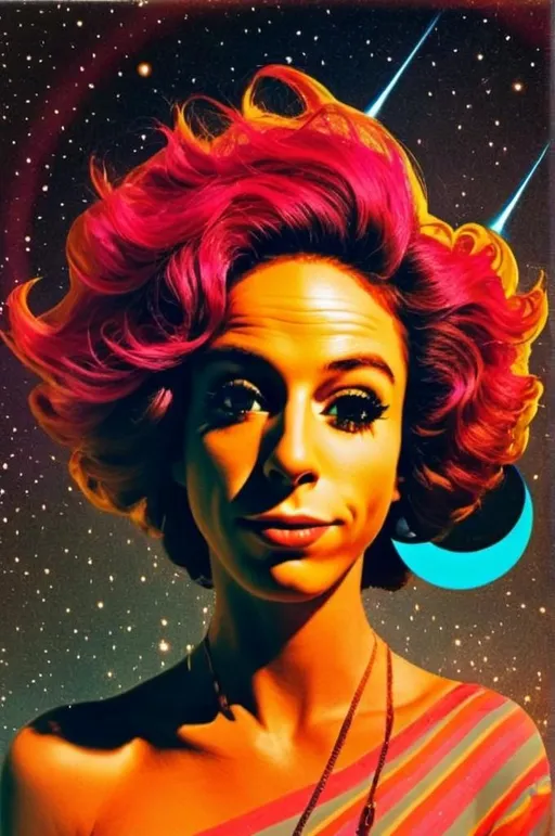Prompt: 
*"A surreal, retro-futuristic portrait of a figure with wild, long, curly pink hair that flows like a cosmic wave. The figure is dressed in stylish, modern attire with bold textures and warm tones, such as vibrant yellows, neon pinks, or electric blues, blending effortlessly with the colorful cosmic environment. The backdrop explodes with bright, psychedelic energy—radiating streaks of neon pink, teal, and yellow, interspersed with glowing planets and dreamy starbursts. The scene incorporates sharp geometric elements, like swirling celestial rings and angular retro designs, while the color palette is unapologetically bold and saturated, emphasizing neon brights and cosmic contrasts. The overall vibe is a dazzling fusion of 1970s sci-fi aesthetics, modern cosmic surrealism, and psychedelic radiance."*
