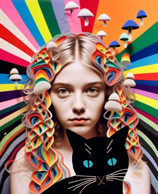 Prompt: <mymodel>Mixed media collage of girl and black cat, long blond very curly hair, solid black cat, mushrooms, rainbows, photographs, magazine paper, thread, cut quilled paper, paint, holographic foil overlay, highres, vibrant, whimsical, mixed media, detailed hair, surreal, colorful, dreamy lighting