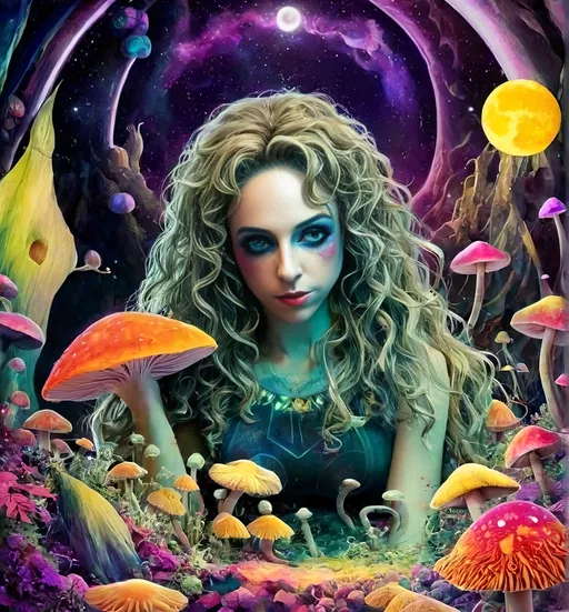 Prompt: 4k, ultra-detailed, psychedelic, trippy, bright colors, vivid, black light poster, girl with longish blond curly hair, psychedelic magic mushrooms, trippy hallucinations, optical illusions, patterns, crystals, moss, forest, moon, geometry fractals, vibrant colors, detailed hair, surreal, vibrant lighting