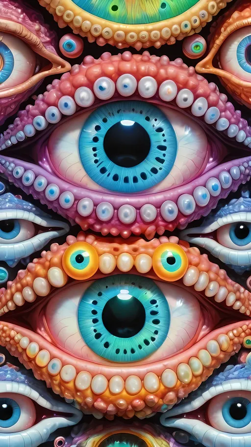 Prompt: an extremely hyper realistic ultra super textural weird trippy surreal psychedelic entity, Apollonian Gaskets, white, translucent, clear, bright bright pastel colors, oil slick rainbow sheen effect, lots and lots of light, lots of crazy colorful compound psychedelic human eyes, rows of human teeth, fungus, atoms, diatoms, Apollonian Gaskets