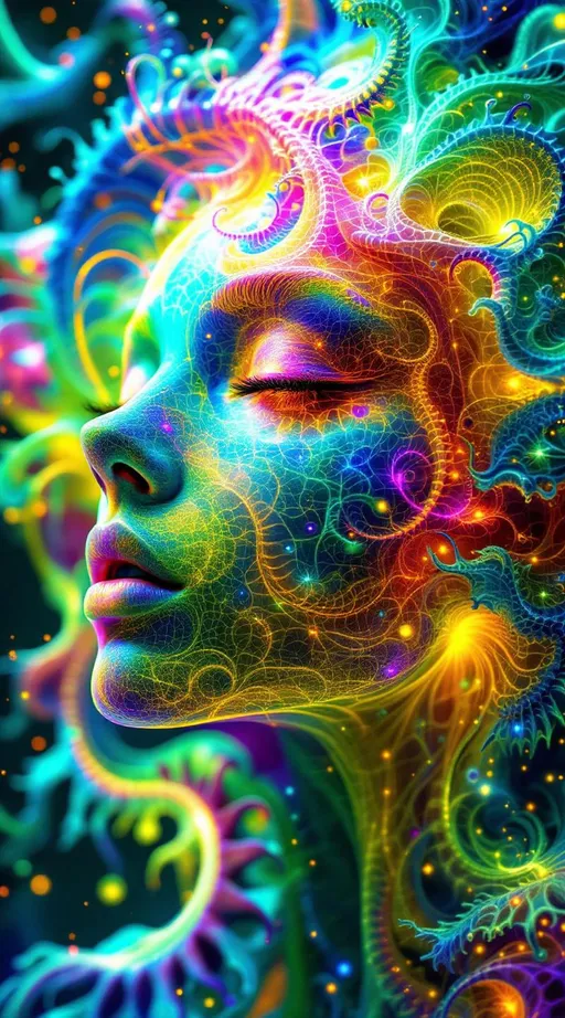 Prompt: Depict a radiant, fractalized abstraction of a face—no literal features, only recursive emergence—where self-similar Turing patterns form and reform across a morphogenetic field of infinite complexity. This entity is composed entirely of scale-invariant reaction-diffusion structures: cellular labyrinths, branching spirals, and blooming waves that split, echo, and cascade recursively like natural Mandelbrot sets made of biochemistry. Every pattern spirals inward and outward at once, creating the illusion of depth within depth, symmetry within symmetry.

Color is hyper-expressive and non-local: intense iridescent gradients leap from one spatial scale to another, cycling between blistering neons and deep luminous shadows. Let the palette fracture across iterations—psychedelic UV violets collide with saturated emeralds and searing digital golds. Each layer glows with internal light, rendered in glowing filaments and spectral banding, as if the patterns are etched in optic fiber or molten glass. Fractal halos radiate outward, scattering light like diffraction waves through a multiversal lens.

Rather than hair, stream recursive reaction trails—fractal antennae of pure vector field energy, curling in branching geometries like diffusion-limited aggregations or recursive flamefronts. These elements refract, bifurcate, and echo into the background, forming entangled networks of color-coded flow, noise-sculpted texture, and luminous interference.

The “face” is an emergent illusion—a visual attractor where multiple layers of fractal structure converge and stabilize briefly, suggesting sentience as pattern alone. This is not a portrait of a person, but of pattern consciousness—a recursion engine at the edge of chemical self-organization, suspended in a storm of luminous logic, forever fractalizing.
