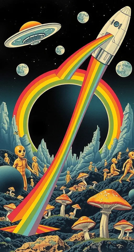 Prompt: <mymodel> Vintage 70s psychedelic surreal sci-fi Collage, analog, cut & paste, outer space, rainbows, spectrum, optical illusions/trippy patterns, surreal alien landscapes, UFOs, « little green men », psilocybin mushrooms, geometric shapes , planets, orbs, black night sky with stars, in the center