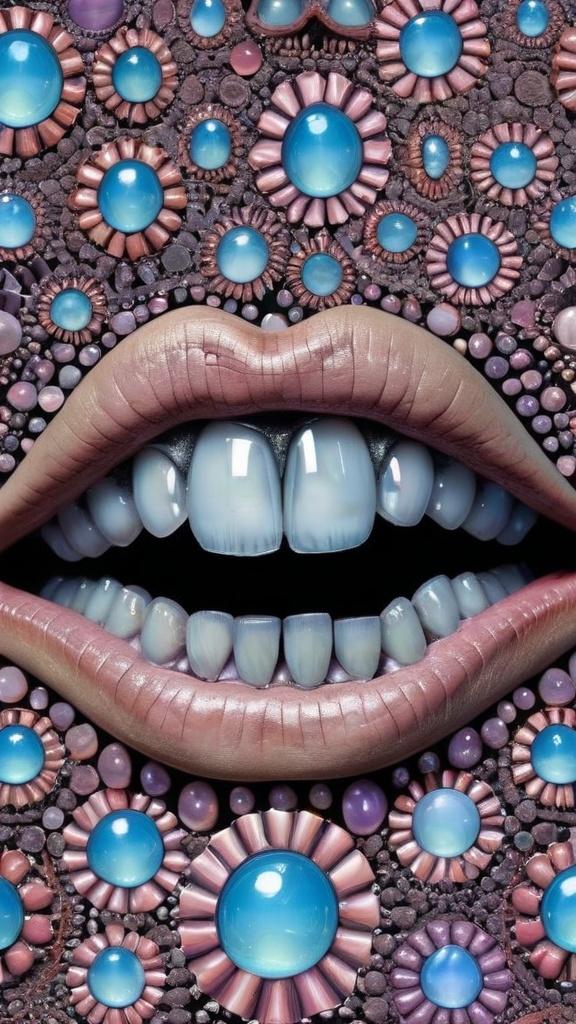 Prompt: Create an extremely hyper-realistic, ultra super textural, weird, trippy, surreal, psychedelic eyes/teeth/mouth pattern/design based on Mandelbrot & “Op Art tiling” with lots of human eyes (crazy colorful compound psychedelic), rows of human teeth, human lips, and tongues. 

- **Colors**: determined by the properties and expressions of the elements (& their isotopes), minerals, and metals: opal, moonstone, Kunzite, selenite, rose quartz, Platinum (Pt)

**Shapes and forms**
- Mandelbrot 
- "Op Art tiling" 
-other shapes determined by the natural properties and expressions of the elements (& their isotopes), minerals, metals, and biological organisms: opal, moonstone, Kunzite, selenite, rose quartz,  Platinum (Pt)


- **Textures**: Derived from any/all elements (& their isotopes), minerals, metals, crystals, organic things mentioned in this prompt: opal, moonstone, Kunzite, selenite, rose quartz, Platinum (Pt)

**Composition and Layout**:
- a pattern/design based on the Op Art tiling & Mandelbrot 

**Lighting**:
- lots of bright light
- Iridescence
- Aventurescence
- Chatoyancy
- Asterism

**Detail and Atmosphere**:
- Extreme hyperrealistic sharp high detail high definition organic and mineral textures
- Psychedelic, weird, odd, surreal atmosphere
- Frozen in time

**Additional Elements**:
- extra rows of teeth, lips, many eyes, Op Art tiling, Mandelbrot, Iridescence
