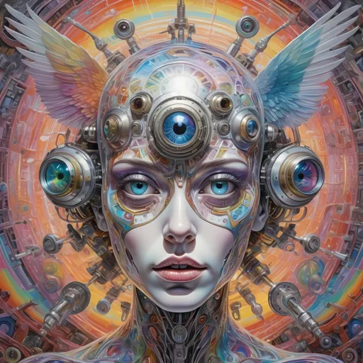 Prompt: An extremely hyperrealistic non humanoid flying, super high textural, silver, white, translucent, bright pastel colors, oil slick rainbow sheen, lots of light, weird trippy surreal psychedelic entity, mechanical and biological, human head with 4 faces, interdimensional geometric mechanical tesseract within tesseract, wheels within wheels spinning different directions on different axis, covered in lots of crazy psychedelic trippy human eyes, everywhere, all over it eyes, leather, metal, skin, feathers, extreme organic and metallic textures