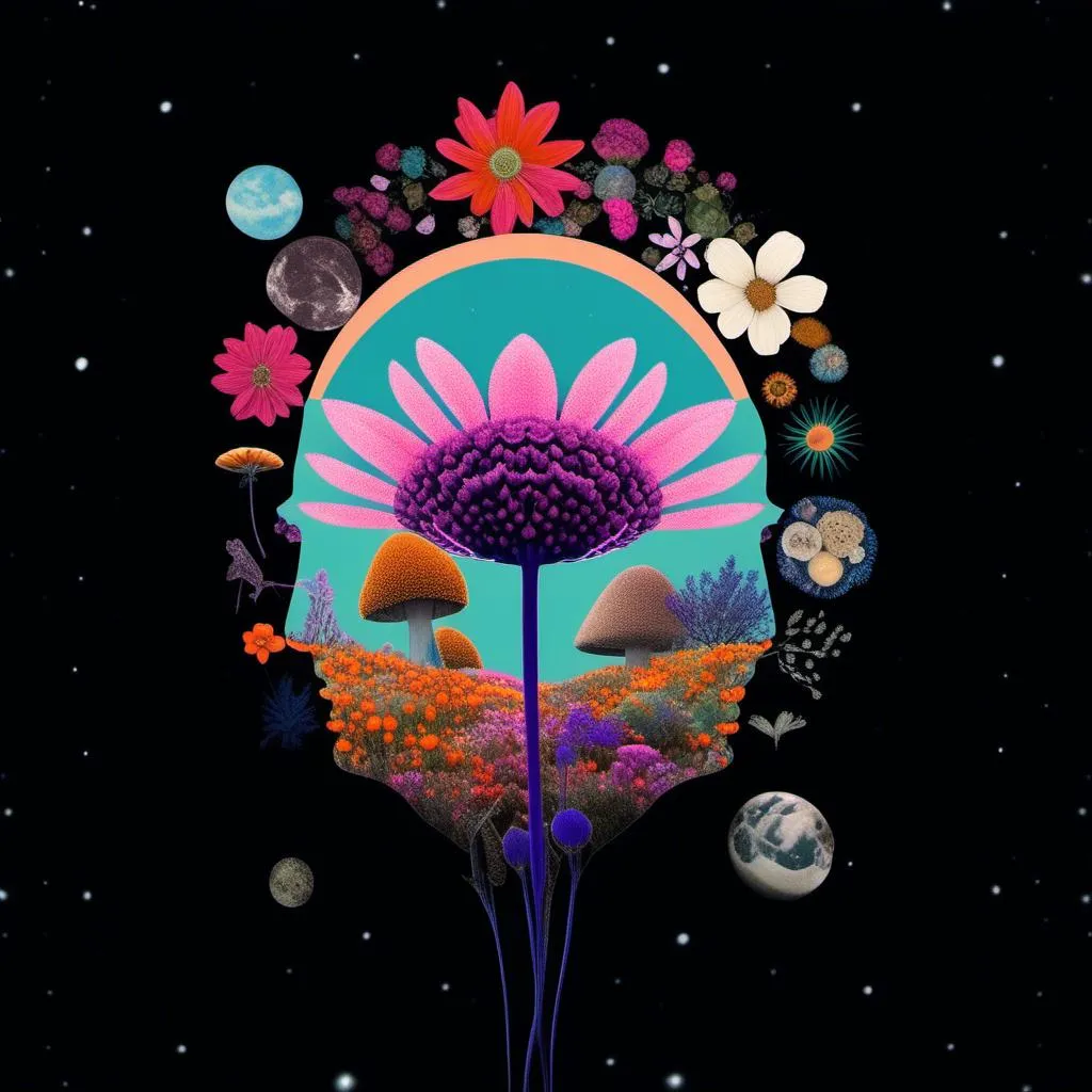 Prompt: A psychedelic collage evoking a vintage 70s sci fi feel but I stead of the sci-fi theme let’s do wildflowers. Photos and art of wildflowers spliced with things like psychedelic patterns/optical illusions, landscapes, geometry, mushrooms/fungus, insects, crystals, gemstones, the sun & moon, etc. Employ a pretty floral color pallet but keep that surreal feel in this natural organic psychedelic collage<mymodel> 