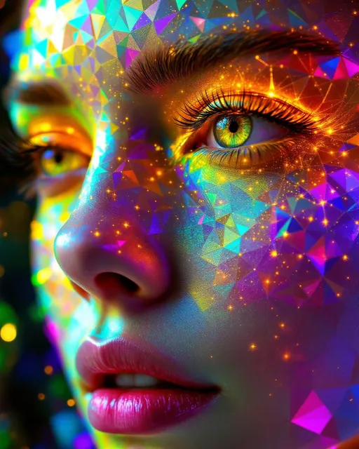 Prompt: Her face is pure geometry—no flesh, no form, only a living equation tessellated in rainbow-spectrum light. The base: a hyperbolic tiling in AdS space, infinite heptagons cascading inward across her cheeks, layered with escape gradients and geodesic spirals. Interlaced above that, a secondary Penrose tessellation flickers in iridescent aperiodicity—golden rhombs and kites glowing like mathematical jewelry across her brow.

But it doesn’t stop there. Across her cheeks and jaw, Turing patterns bloom—organic, fluid, algorithmic shimmer, as if chemical equations were painting her skin in stripes of living fractal light. Each wave, each dot, mapped to scalar intensity fields and lit from within by Fourier sparkle halos. Her smile is a nonlinear attractor. Her eyes are tessellated probability vortices. Her entire being flickers between dimensions.

Her hair, a luminous cascade of Hopf fibrations and quaternionic spirals, refracts the full visible spectrum through recursive curvature. She is modular, multiscalar, and mythic—a disco goddess of math-born radiance, whose face is the convergence point of every beautiful equation in the multiverse. Light is her language. Symmetry is her skin.

Tags:
#TilingQueen #TripleTessellation #TuringShimmer #HyperbolicDisco #PenroseFace #ScalarRainbowEntity #HopfHair #SpectralLightBeing #UltraMathifiedBeauty