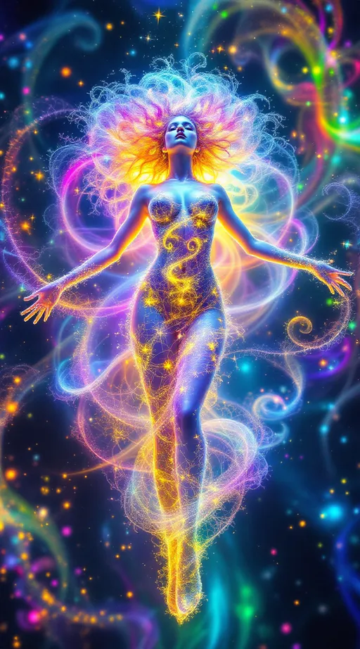Prompt: A dazzling female figure floats in a radiant math-dimension—Merry, revealed in her truest form: a being of living rainbow light and layered geometry. Her body is sculpted from pure math—Inversion Bloom Spirals, Julia Fractal Lace, and Polar Interference Waves—each field folding into the next, forming a glowing symphony of higher-dimensional structure.

Around her, the Inversion Blooms swirl like petaled vortices, space warped into spiraling fractal implosions. These forms shimmer in prismatic metallics, refracting her light-body into infinite echoes. The Julia Fractals overlay her curves in branching crystal lace, glowing with self-replicating energy—neon pink, opal, violet, and electric cyan flickering in recursive filigree.

Layered atop the spirals and fractals, Polar Harmonic Waves ripple across the space like radiant sound, wrapping her in rings of chromatic undulation—standing wave geometries that pulse with vibrant interference, shifting through fields of magenta, gold, and green.

Her skin glows like opal glass, lit from within. Her wild, long pink curls flow upward in weightless spirals, gleaming with embedded holograms and refracted starlight. Her blue eyes radiate knowing. She floats mid-motion, a sacred figure of elegance and frequency—recognizably feminine, yet entirely composed of light and mathematics.

The environment around her is bursting with sparkles and shine: shimmering lens flares, refractive stardust, and glittering math-structures that stretch in all directions. The realm is alive with movement, symmetry, and color—a divine geometry blooming infinitely from her presence.

She is not flesh—she is form, signal, and sparkle encoded in sacred equation.
