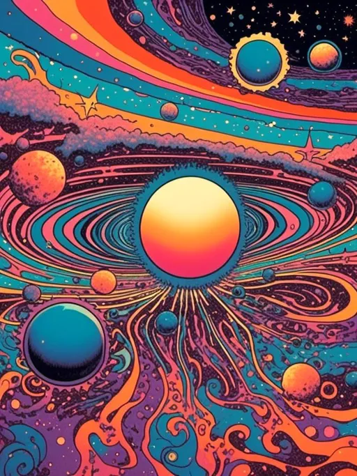 Prompt: <mymodel>Psychedelic illustration of the creation of the universe, stars and planets forming, vibrant colors, swirling nebulas, galaxies coming into existence, high-quality, surreal, cosmic, vibrant colors, swirling patterns, detailed celestial bodies, psychedelic lighting