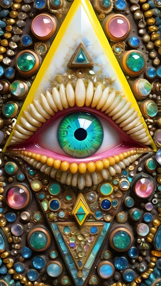 Prompt: an extremely hyper realistic ultra super textural weird trippy surreal psychedelic entity, Triangular Fractal packing, translucent, white quartz, blown glass, iridescent finish, inlaid opal, glittering crystal accents, bright yellow "aztec gold", pyrite, quartz,, flourite, apatite, bright vivid pinks, greens, yellows,blues,  lots and lots of light, lots of crazy colorful compound psychedelic human eyes, rows of human teeth, human lips, tongues, fungus,  atoms, diatoms, diatomic, algae, bryozoans, Triangular Fractal packing, extreme high definition organic and mineral textures