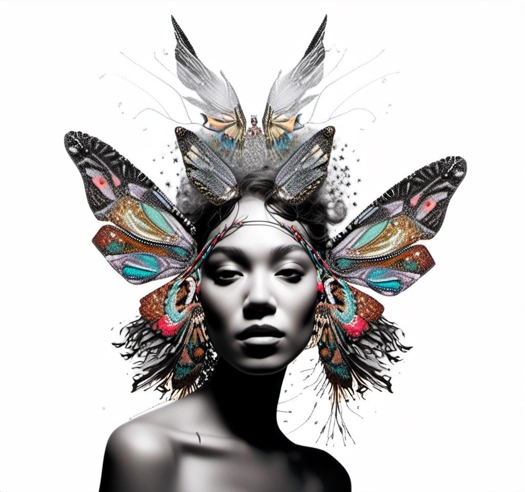 Prompt: a photograph of a woman (color or black and white) with multimedia elements added to create the appearance that she is a beautiful intricate moth, with moth wings and antennae created from paint, paper, photos, glitter, iridescent enamels, nail polish, rhinestones, thread and string, fabric, folded paper etc<mymodel>