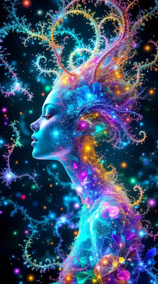 Prompt: A dazzling female figure floats in a radiant math-dimension—Merry, revealed in her truest form: a being of living rainbow light and layered geometry. Her body is sculpted from pure math—Inversion Bloom Spirals, Julia Fractal Lace, and Polar Interference Waves—each field folding into the next, forming a glowing symphony of higher-dimensional structure.

Around her, the Inversion Blooms swirl like petaled vortices, space warped into spiraling fractal implosions. These forms shimmer in prismatic metallics, refracting her light-body into infinite echoes. The Julia Fractals overlay her curves in branching crystal lace, glowing with self-replicating energy—neon pink, opal, violet, and electric cyan flickering in recursive filigree.

Layered atop the spirals and fractals, Polar Harmonic Waves ripple across the space like radiant sound, wrapping her in rings of chromatic undulation—standing wave geometries that pulse with vibrant interference, shifting through fields of magenta, gold, and green.

Her skin glows like opal glass, lit from within. Her wild, long pink curls flow upward in weightless spirals, gleaming with embedded holograms and refracted starlight. Her blue eyes radiate knowing. She floats mid-motion, a sacred figure of elegance and frequency—recognizably feminine, yet entirely composed of light and mathematics.

The environment around her is bursting with sparkles and shine: shimmering lens flares, refractive stardust, and glittering math-structures that stretch in all directions. The realm is alive with movement, symmetry, and color—a divine geometry blooming infinitely from her presence.

She is not flesh—she is form, signal, and sparkle encoded in sacred equation.
