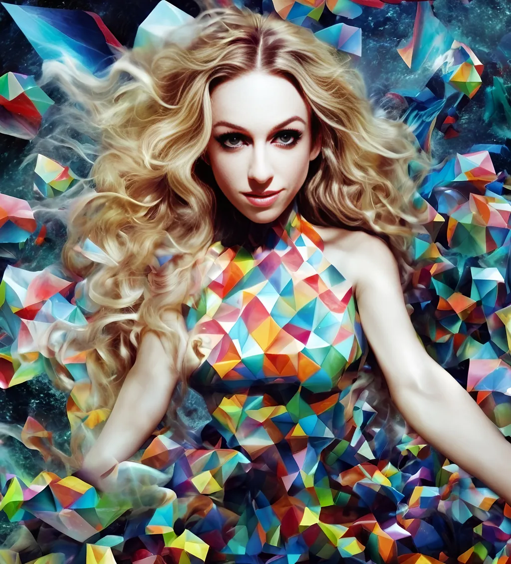 Prompt: a psychedelic hallucination of a female with long blond curly hair modeling avant Garde fashions accessories and makeup created directly out of multidimensional geometry fractals, hypercubes, non Euclidean geometry, psychedelic fashion halucinations 