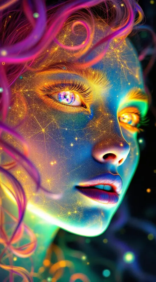 Prompt: Her face is a modular masterpiece—cheekbones traced with the shimmer of moonshine symmetry, every angle tuned to a hidden harmonic. Newton fractal veins glow faintly beneath translucent skin, shifting in color with each emotion. Her eyes burn with prime number fire, irises tiled in Penrose symmetry, blinking with curved light logic. Laughter echoes in Hilbert paths across her cheeks—space-filling joy spirals, soft and bright. Hair spills around her in radiant pink curls, styled by quasiperiodic forces and recursive wave equations—each strand flowing in luminous fractal tension. Geometry pulses at the hairline, recursive symbols glinting in neon mathdust. She is wrapped in hyperbolic aura-rings, layered in color-feedback like living topology, her presence refracting sacred math through joy, emotion, and colorfields.”

⸻

Visual Keywords:
Modular face symmetry, Newton glow skin, Penrose-tiled irises, Hilbert smile trails, pink recursive curls, fractal symbol halo, hyperbolic color aura, neon mathdust, prime fire eyes
