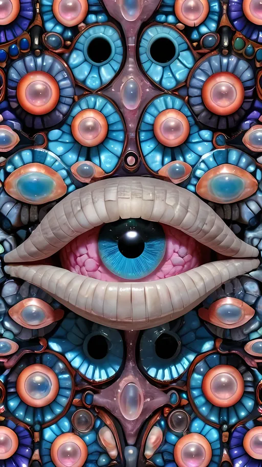 Prompt: Create an extremely hyper-realistic, ultra super textural, weird, trippy, surreal, psychedelic eyes/teeth/mouth pattern/design based on Mandelbrot & “Op Art tiling” with lots of human eyes (crazy colorful compound psychedelic), rows of human teeth, human lips, and tongues. 

- **Colors**: determined by the properties and expressions of the elements (& their isotopes), minerals, and metals: opal, moonstone, Kunzite, selenite, rose quartz, Platinum (Pt)

**Shapes and forms**
- Mandelbrot 
- "Op Art tiling" 
-other shapes determined by the natural properties and expressions of the elements (& their isotopes), minerals, metals, and biological organisms: opal, moonstone, Kunzite, selenite, rose quartz,  Platinum (Pt)


- **Textures**: Derived from any/all elements (& their isotopes), minerals, metals, crystals, organic things mentioned in this prompt: opal, moonstone, Kunzite, selenite, rose quartz, Platinum (Pt)

**Composition and Layout**:
- a pattern/design based on the Op Art tiling & Mandelbrot 

**Lighting**:
- lots of bright light
- Iridescence
- Aventurescence
- Chatoyancy
- Asterism

**Detail and Atmosphere**:
- Extreme hyperrealistic sharp high detail high definition organic and mineral textures
- Psychedelic, weird, odd, surreal atmosphere
- Frozen in time

**Additional Elements**:
- extra rows of teeth, lips, many eyes, Op Art tiling, Mandelbrot, Iridescence, Aventurescence, Chatoyancy
